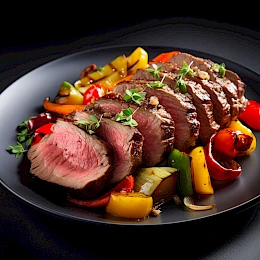 Foto von Rinderfilet mit Paprika-Zwiebel-Gemüse