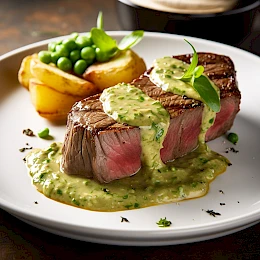 Foto von Rinderfilet mit grüner Pfeffersoße