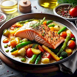 Foto von Lachs in Weißweinsoße mit Gemüse
