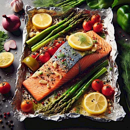 Foto von Lachs in Folie mit Gemüse und Kräutern