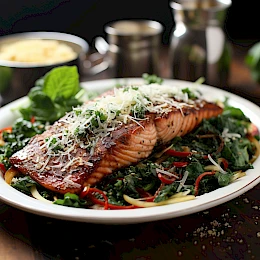 Foto von Gebratener Lachs mit Blattspinat und Mandeln