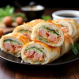 Foto von Lachs-Pfannkuchen-Rolle mit Frischkäse-Füllung