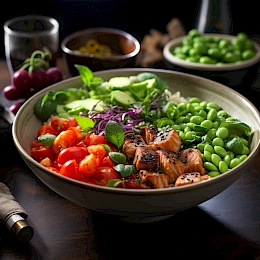 Foto von Lachs-Poke-Bowl mit Edamame und Sesam