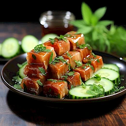 Foto von Lachs-Tatar auf Gurkenscheiben