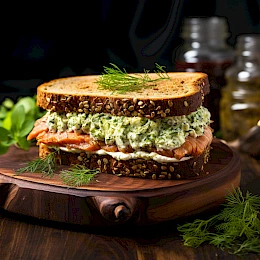 Foto von Lachs-Sandwich mit Frischkäse und Dill auf Vollkornbrot