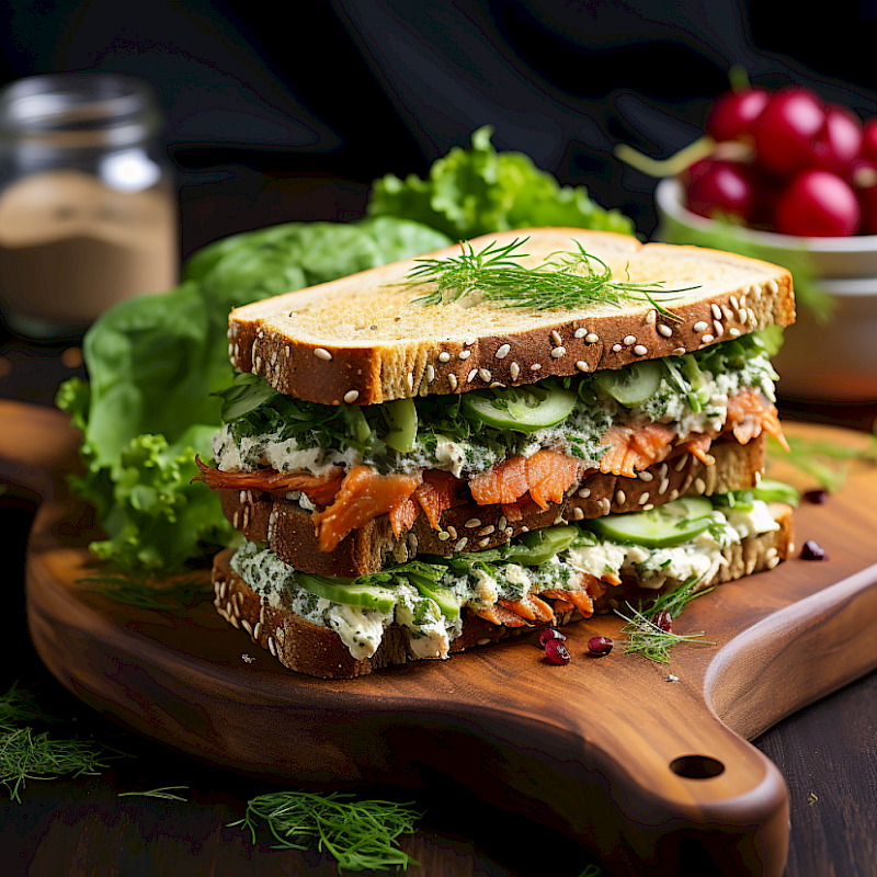Galeriefoto: Lachs-Sandwich mit Frischkäse und Dill auf Vollkornbrot
