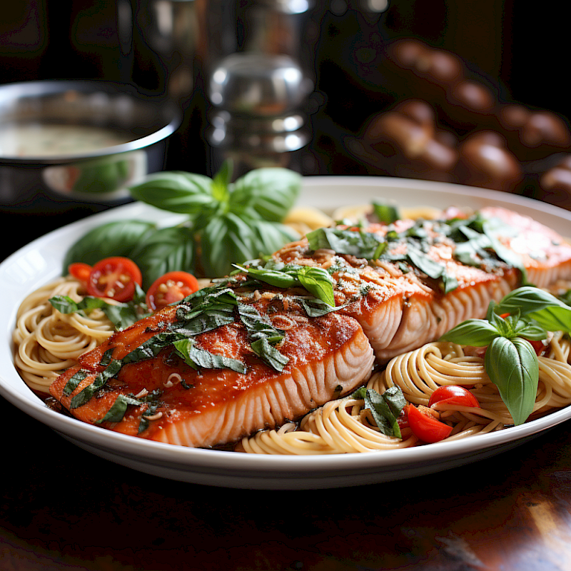 Galeriefoto: Lachs mit Tomaten-Basilikum-Sauce und Nudeln