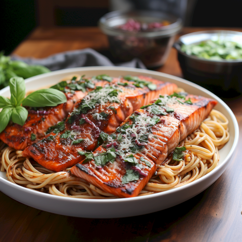 Low Carb Lachs mit Tomaten-Basilikum-Sauce und Nudeln Rezept