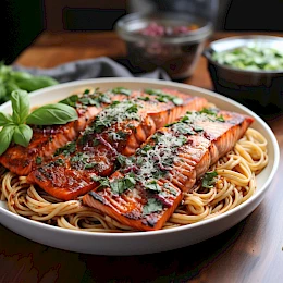Foto von Lachs mit Tomaten-Basilikum-Sauce und Nudeln