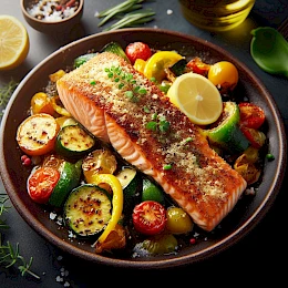 Foto von Lachs im Parmesanmantel mit Gemüse