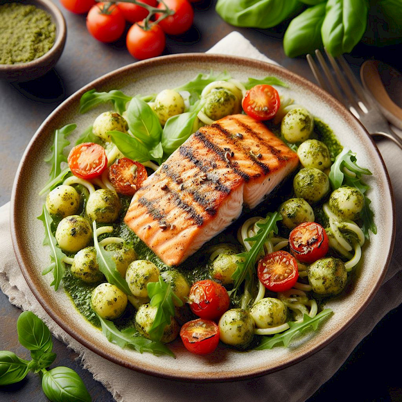 Low Carb Lachs mit Pesto-Gnocchi und Rucola Rezept