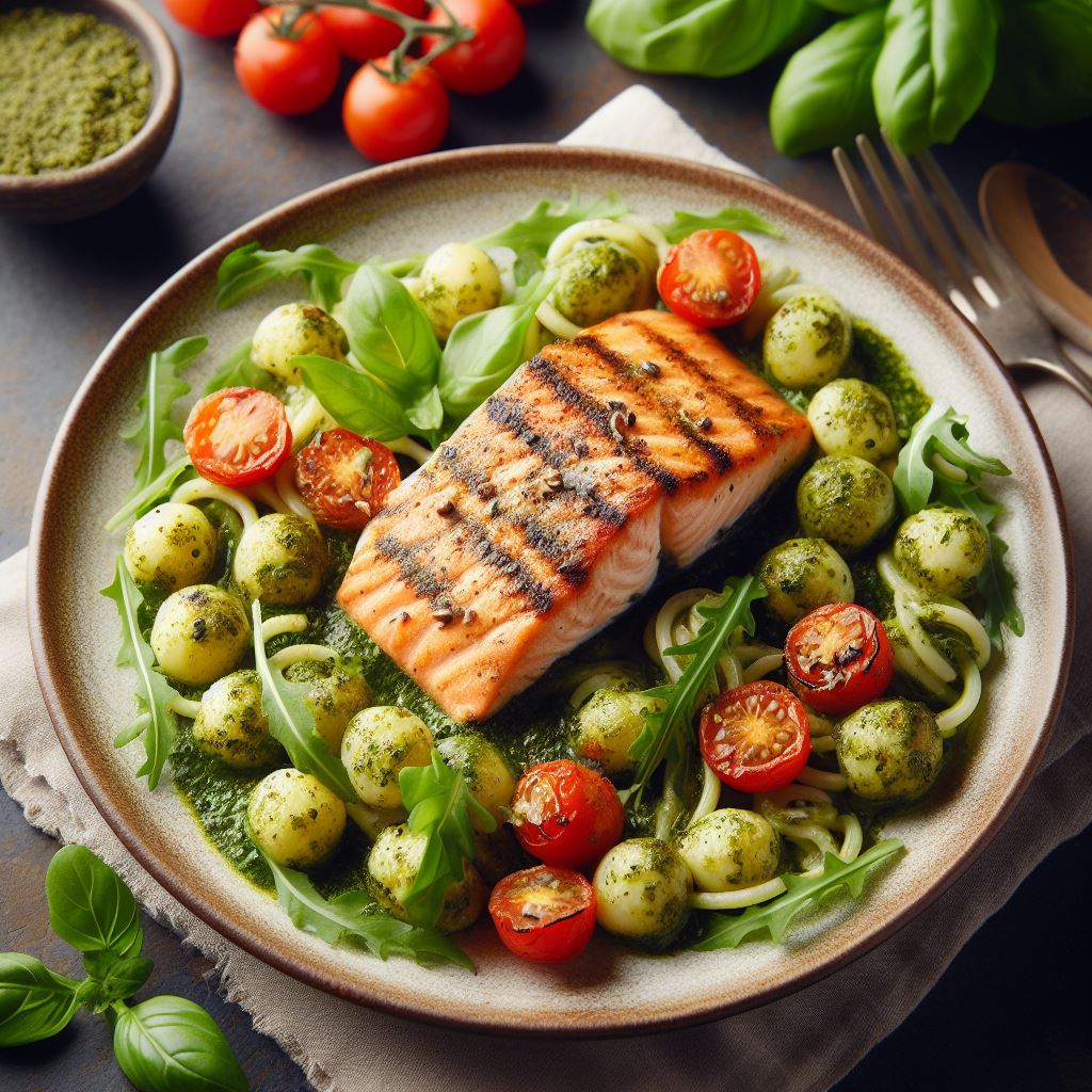 Low Carb Lachs mit Pesto-Gnocchi und Rucola Rezept