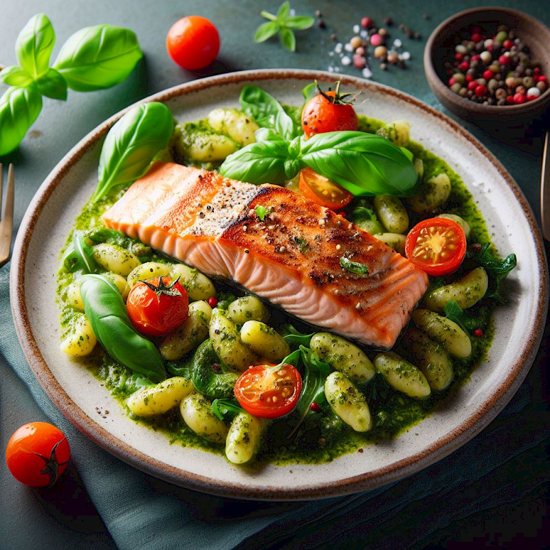 Low Carb Lachs mit Pesto-Gnocchi und Rucola Rezept