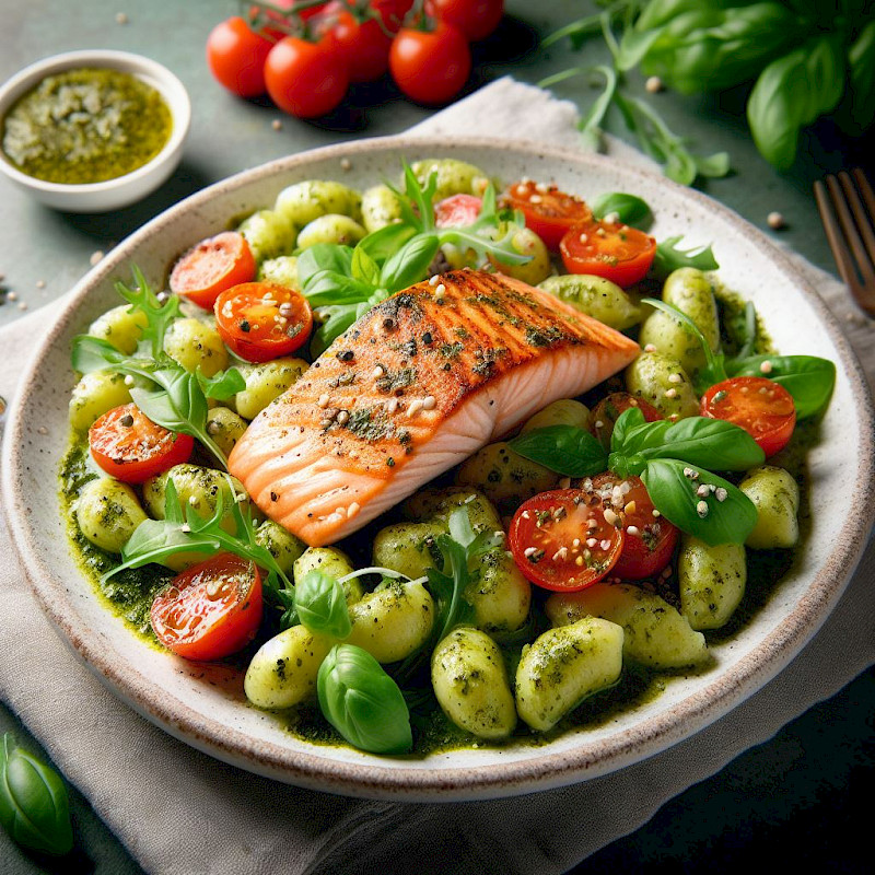 Low Carb Lachs mit Pesto-Gnocchi und Rucola Rezept