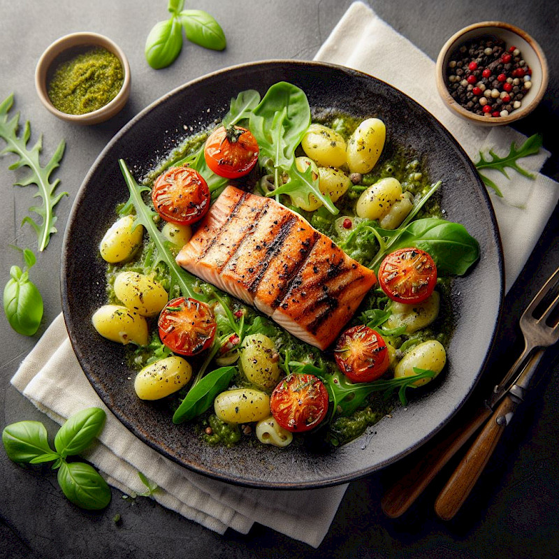 Low Carb Lachs mit Pesto-Gnocchi und Rucola Rezept
