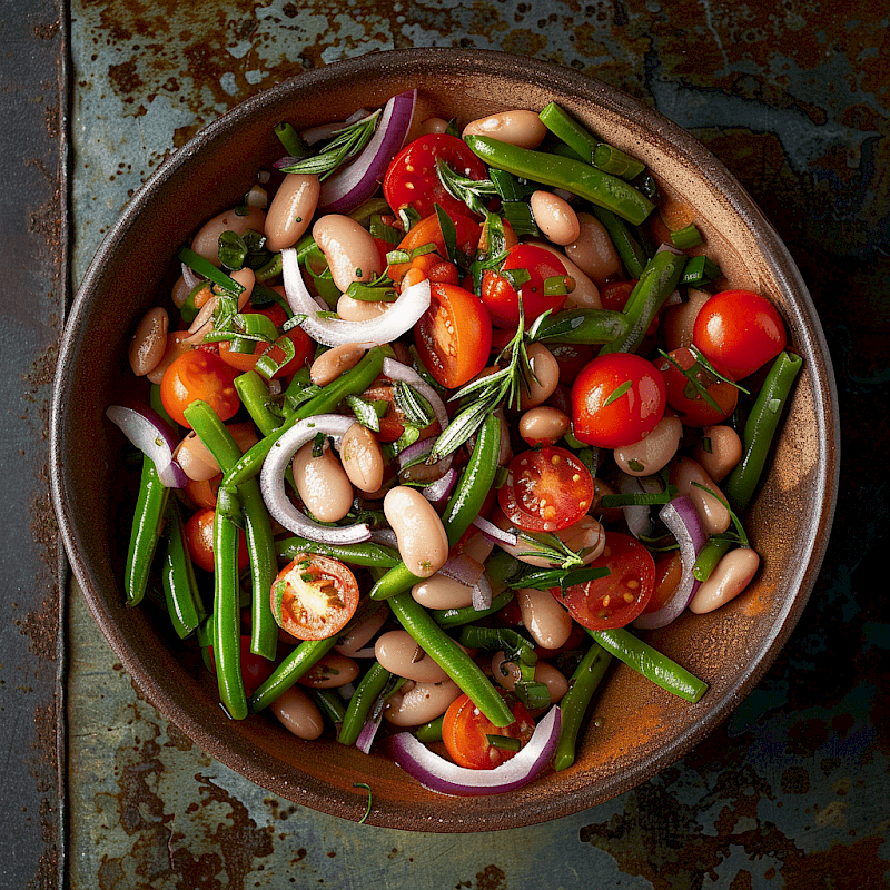 Galeriefoto: Bohnensalat mit grünen Bohnen, Tomaten und roten Zwiebeln