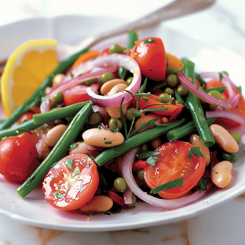 Galeriefoto: Bohnensalat mit grünen Bohnen, Tomaten und roten Zwiebeln