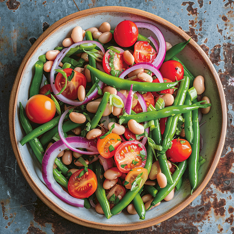 Galeriefoto: Bohnensalat mit grünen Bohnen, Tomaten und roten Zwiebeln